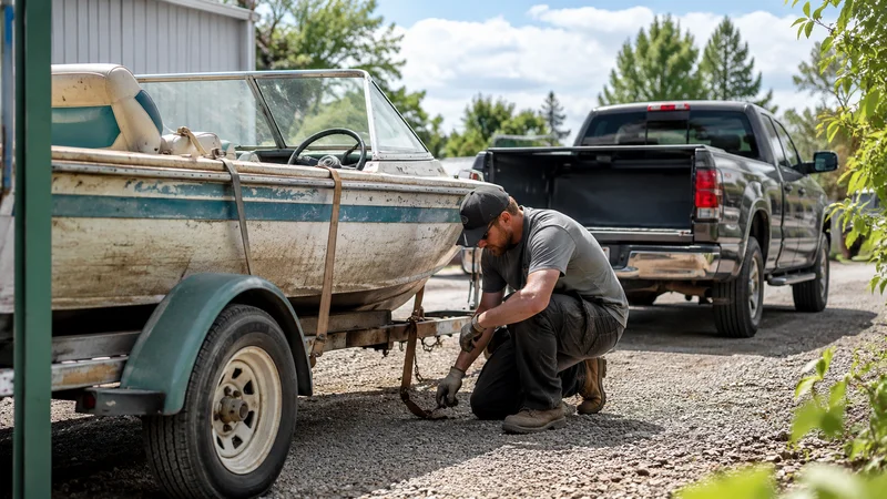 Boat removal contractor preparing a trailer for Trash My Junk contractor opportunities in Markham, Texas