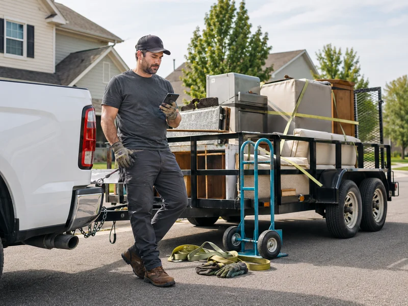 Junk hauling contractor trailer in a driveway for Trash My Junk contractor opportunities in Loop, Pennsylvania