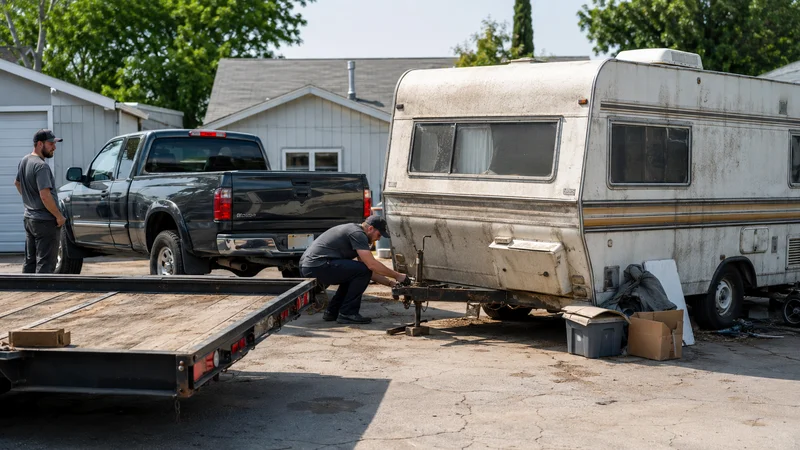 RV removal contractor hauling a camper for Trash My Junk contractor opportunities in Anna, Texas